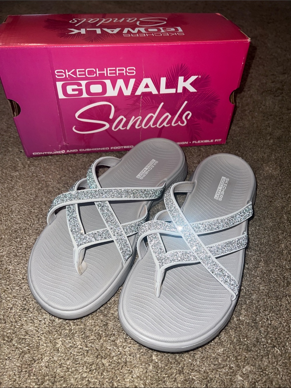 Skechers GOwalk Women's Silver Glitter Crisscross Sandals
